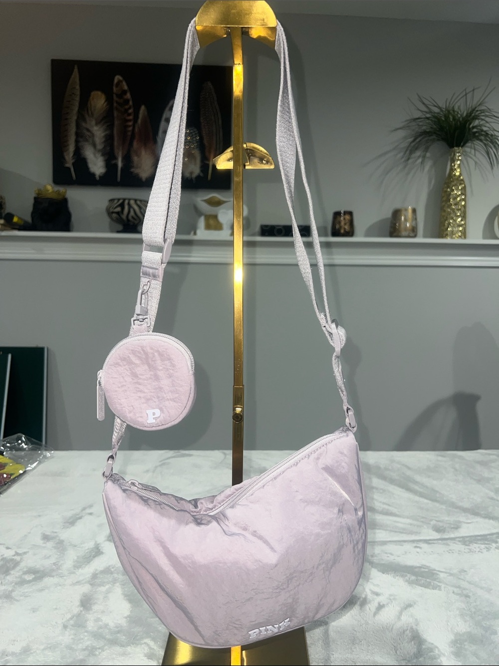 PINK Victoria's Secret Pale Pink Crescent Shoulder Bag with Round Pouch